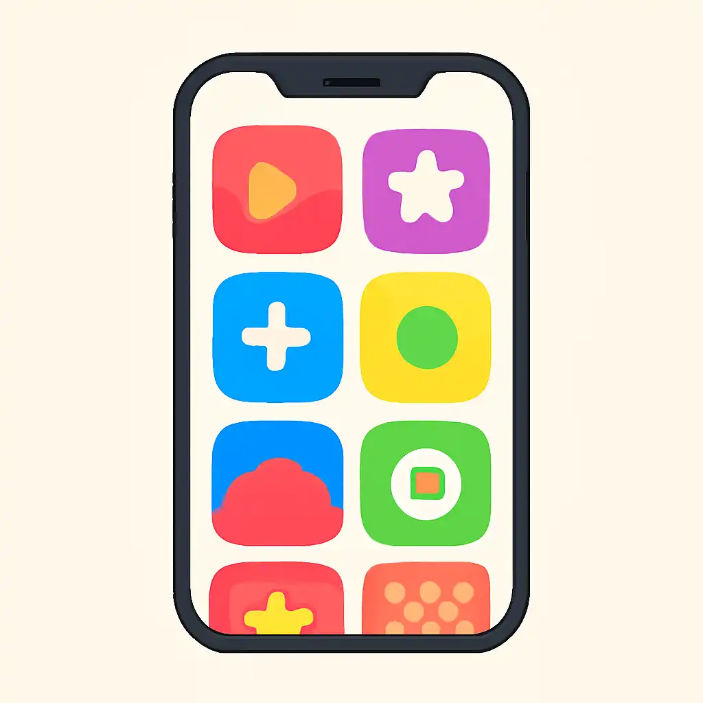 Smartphone shown from the front displaying a colourful flat layout of abstract game icons and rounded tiles (no text, no letters, no labels), Raxi Win