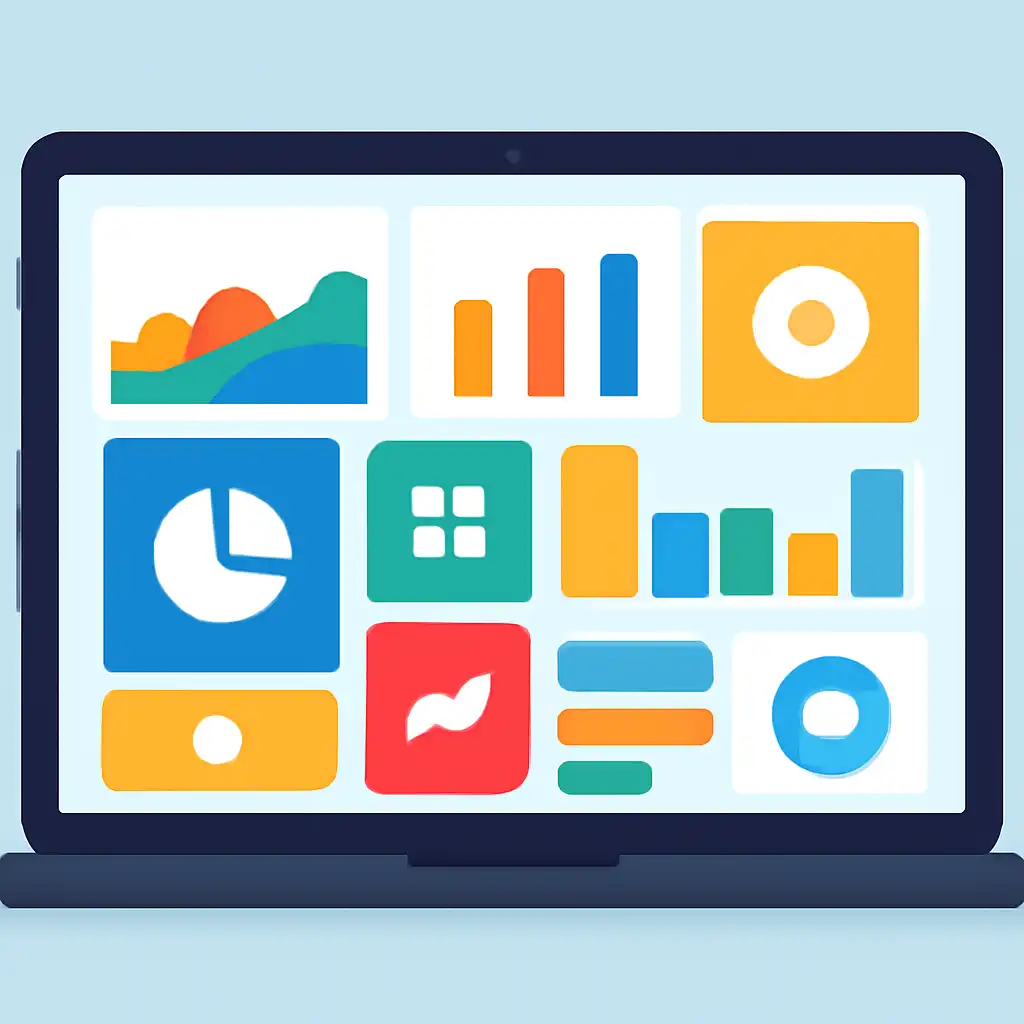 Laptop shown from the front displaying a colourful flat dashboard of abstract charts, bars and icon tiles (no text, no letters, no labels), Raxi Win
